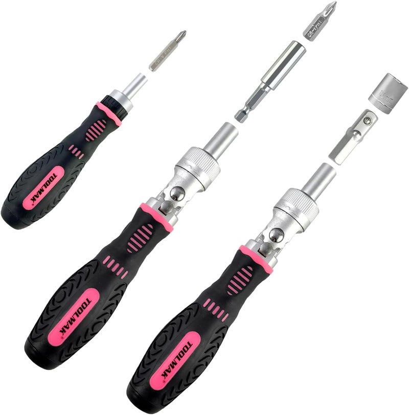 TOOLMAK Ratcheting Screwdriver Set 61pcs Socket Set & Screwdriver Bit Set with Rotatable Ratchet Handles ＆ Storage Case, Household Repair Tool Kits for Bike-Pink - Image 4